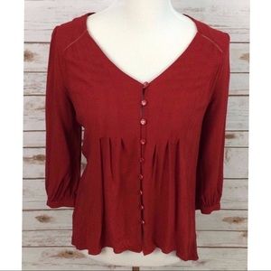 Anthropologie Red Peasant Button Down Blouse Top